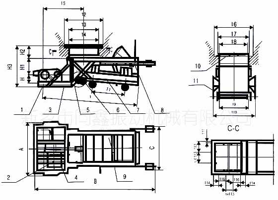 K型往復(fù)式給料機(jī)(往復(fù)式給煤機(jī))產(chǎn)品主要外形尺寸圖-同鑫振動(dòng)機(jī)械
